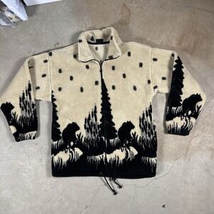 Vintage Maxmania Zip Up Fleece Jacket Winter Pine Forest Theme Size Medium M 90s